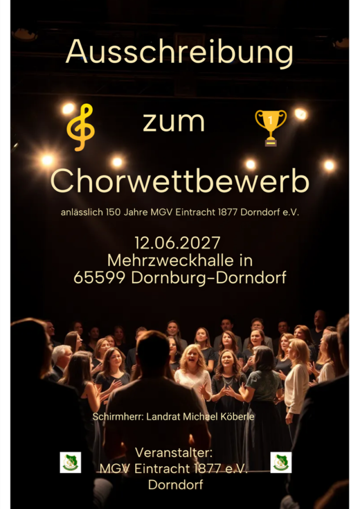 Einladung zum Chorwettbewerb des MGV Eintracht Dorndorf, am 12. Juni 2027. Ab sofort bis zum 31. Dezember anmelden. Foto: Uwe Stahl
